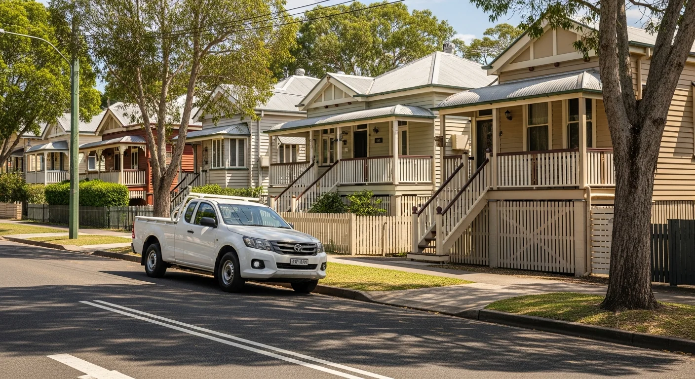 Brisbane tradie on a residential roofing job in a Brisbane north suburb, Queensland blue sky above