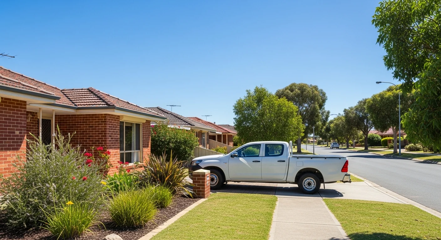 Perth tradie in hi-vis working on a residential job in a Perth suburb, ute parked in background