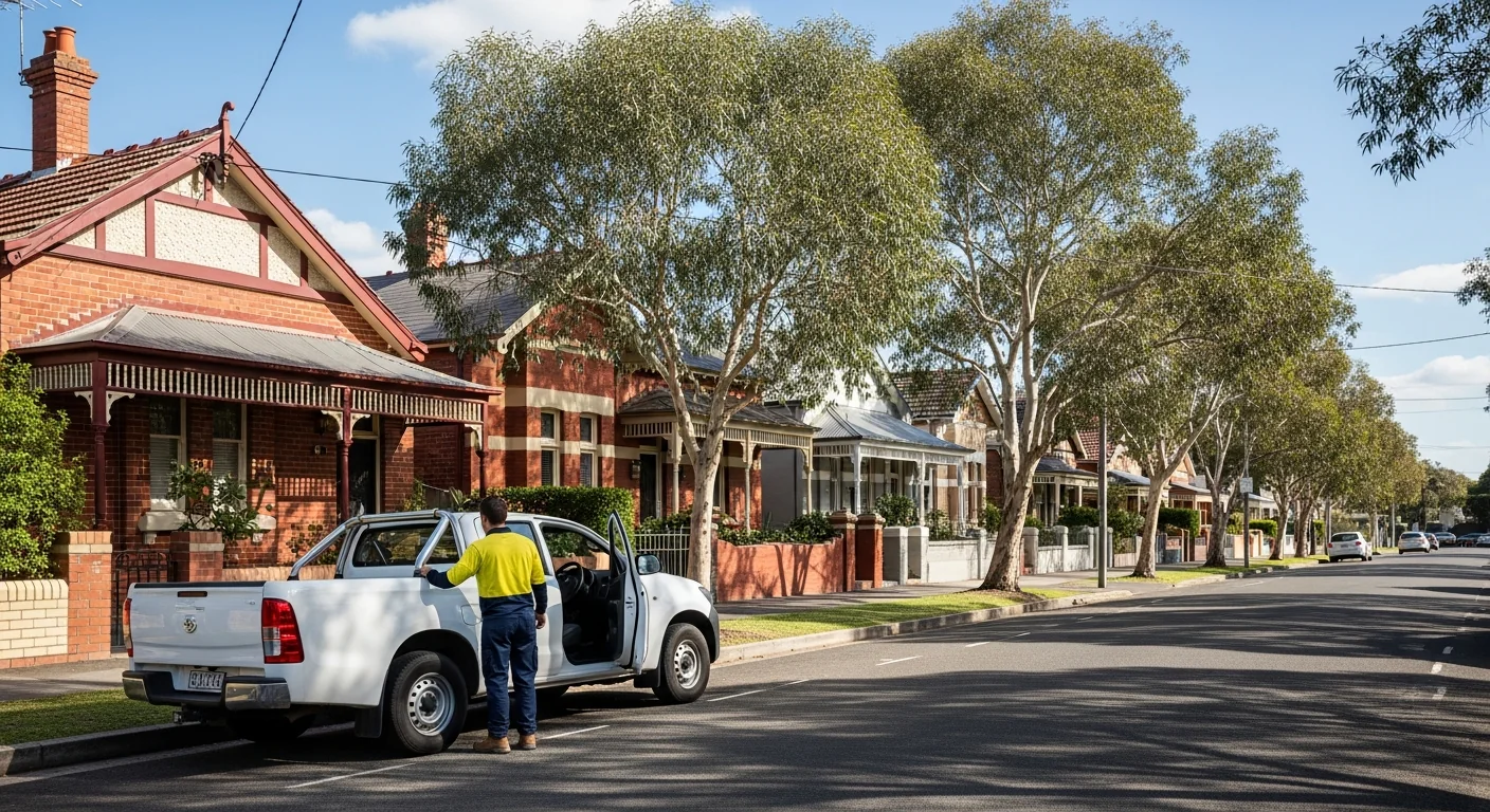 Sydney tradie working on a residential build in a Sydney suburb, harbour bridge visible in background