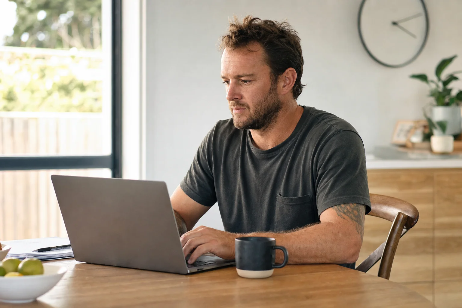 Tradie business owner reviewing an SEO agency's performance at a kitchen table