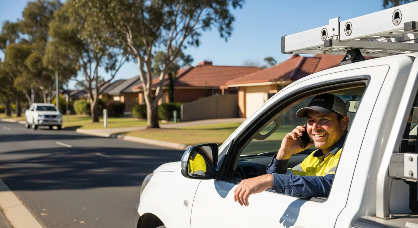 Tradie reviewing Google Ads and SEO results on a phone at a job site