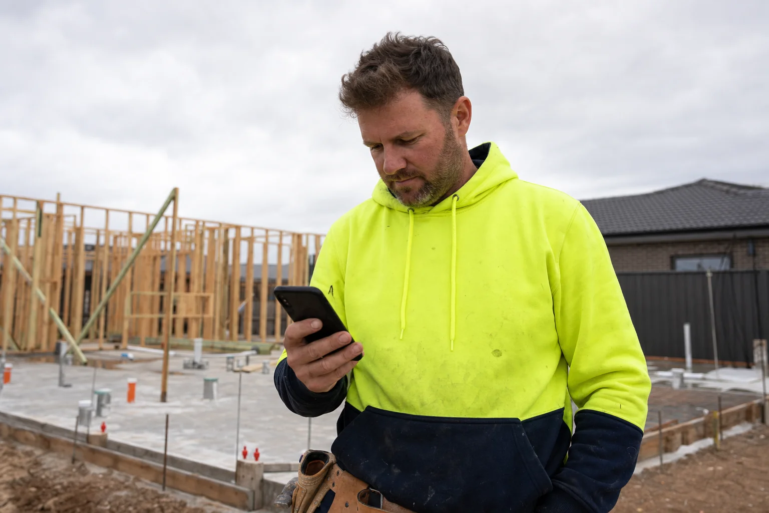 Australian builder checking his phone on a residential construction site