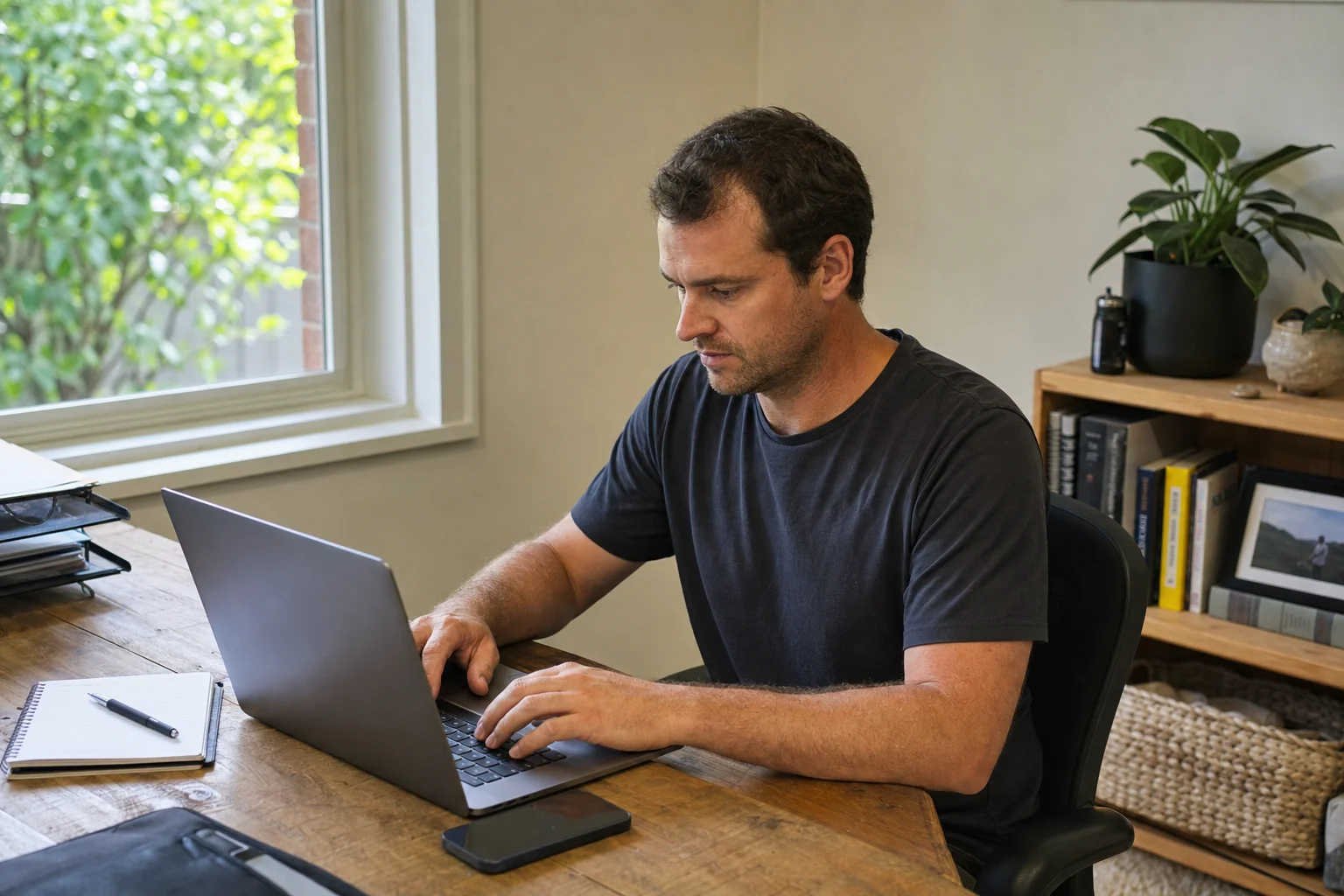 Australian tradesperson reviewing business growth on a laptop in a home office