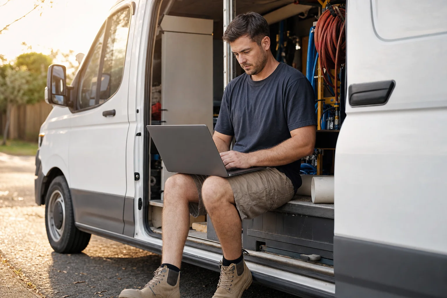 Australian plumber checking leads from SEO and Google Ads on a laptop in a work van