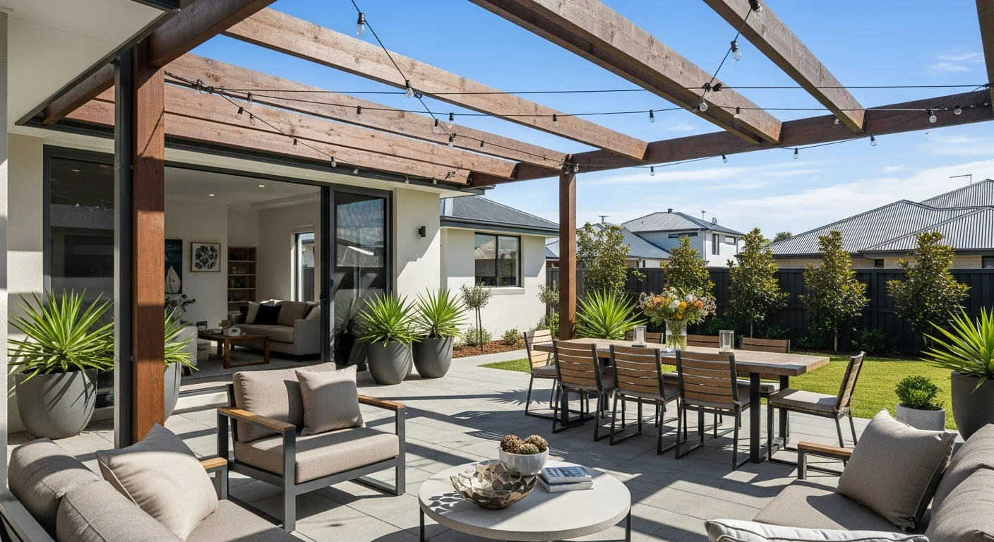 Modern Australian patio and pergola alfresco area on a suburban home