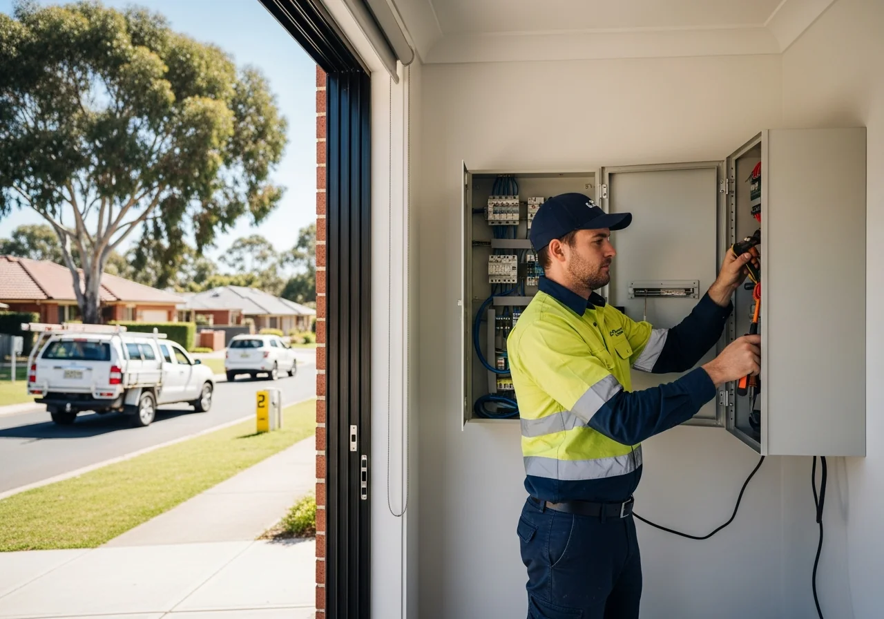 Electrician working on a switchboard in a Perth home