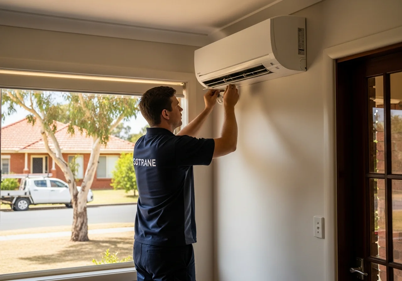 Air conditioning technician installing a split system in a Perth home
