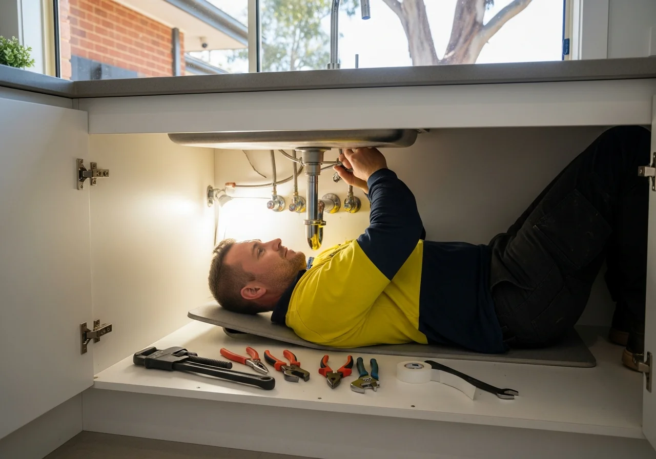 SEO for plumbers - plumber fixing pipes under a modern Australian home sink