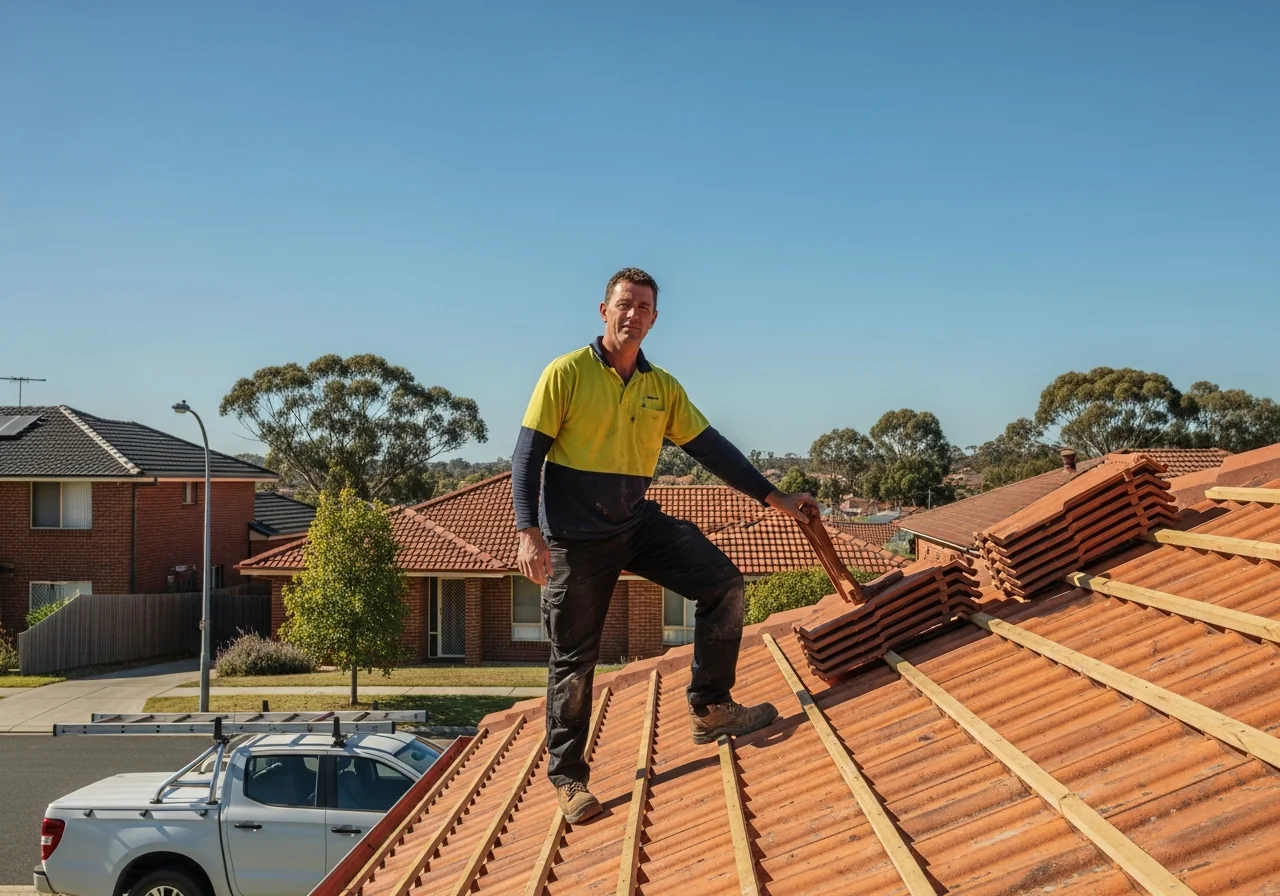 SEO for roofers - roofer on a pitched tile roof against a clear blue sky