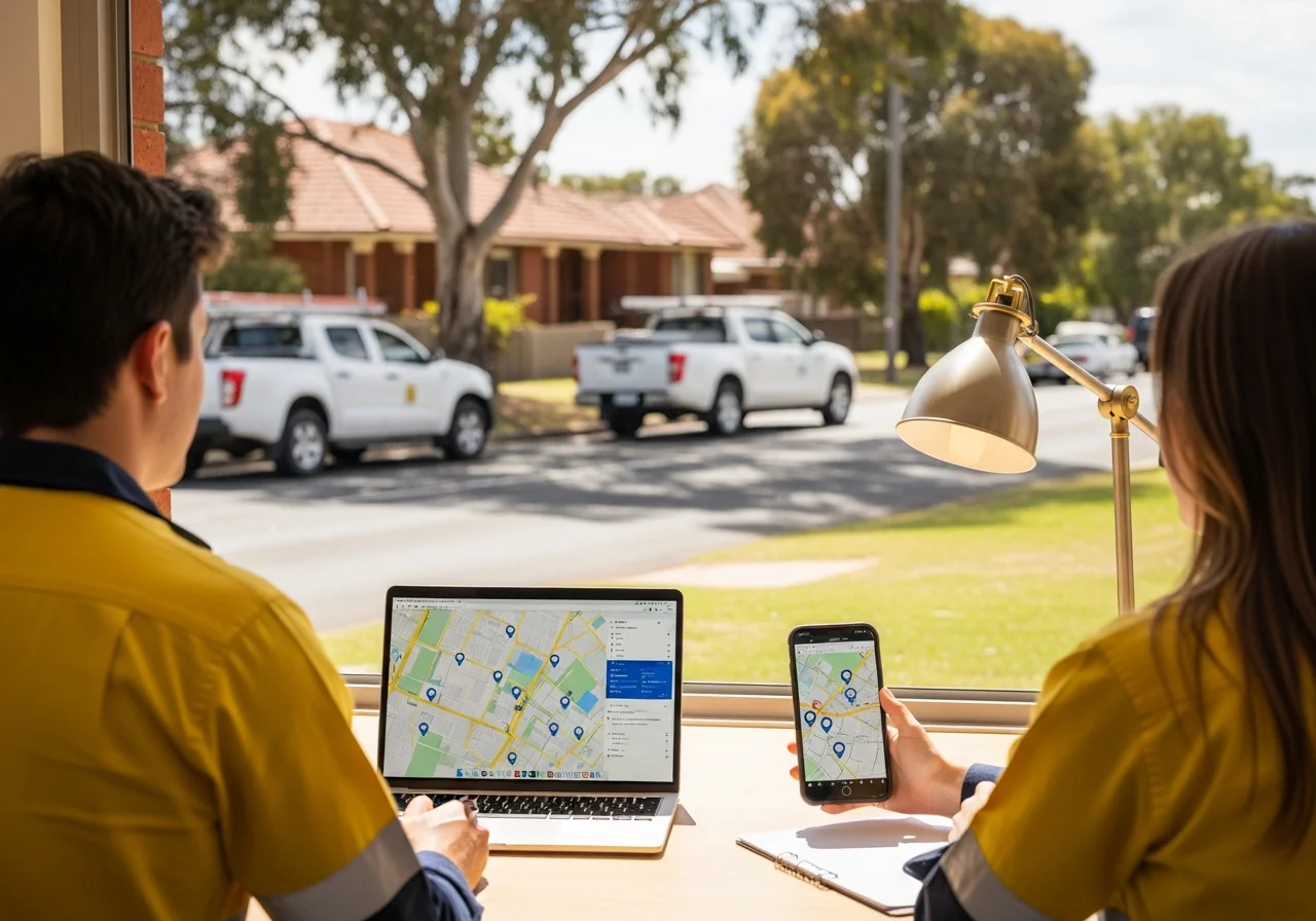 Australian electrician in hi-vis working on a residential job with a Google Maps pin visible on a nearby phone, local SEO for tradies in Perth