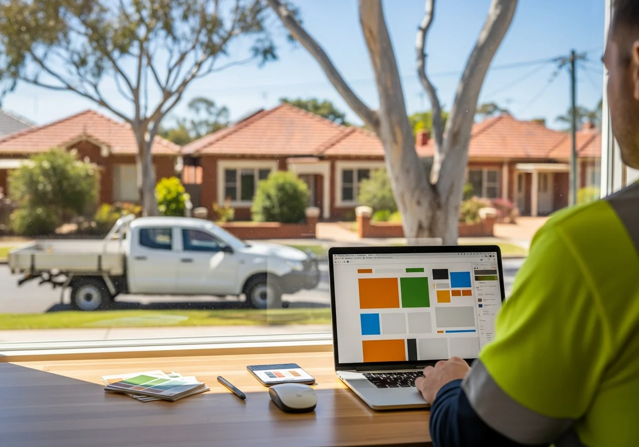 SEO web design mockup for an Australian tradie business shown on a laptop and mobile phone, fast-loading, mobile-first, built for local SEO